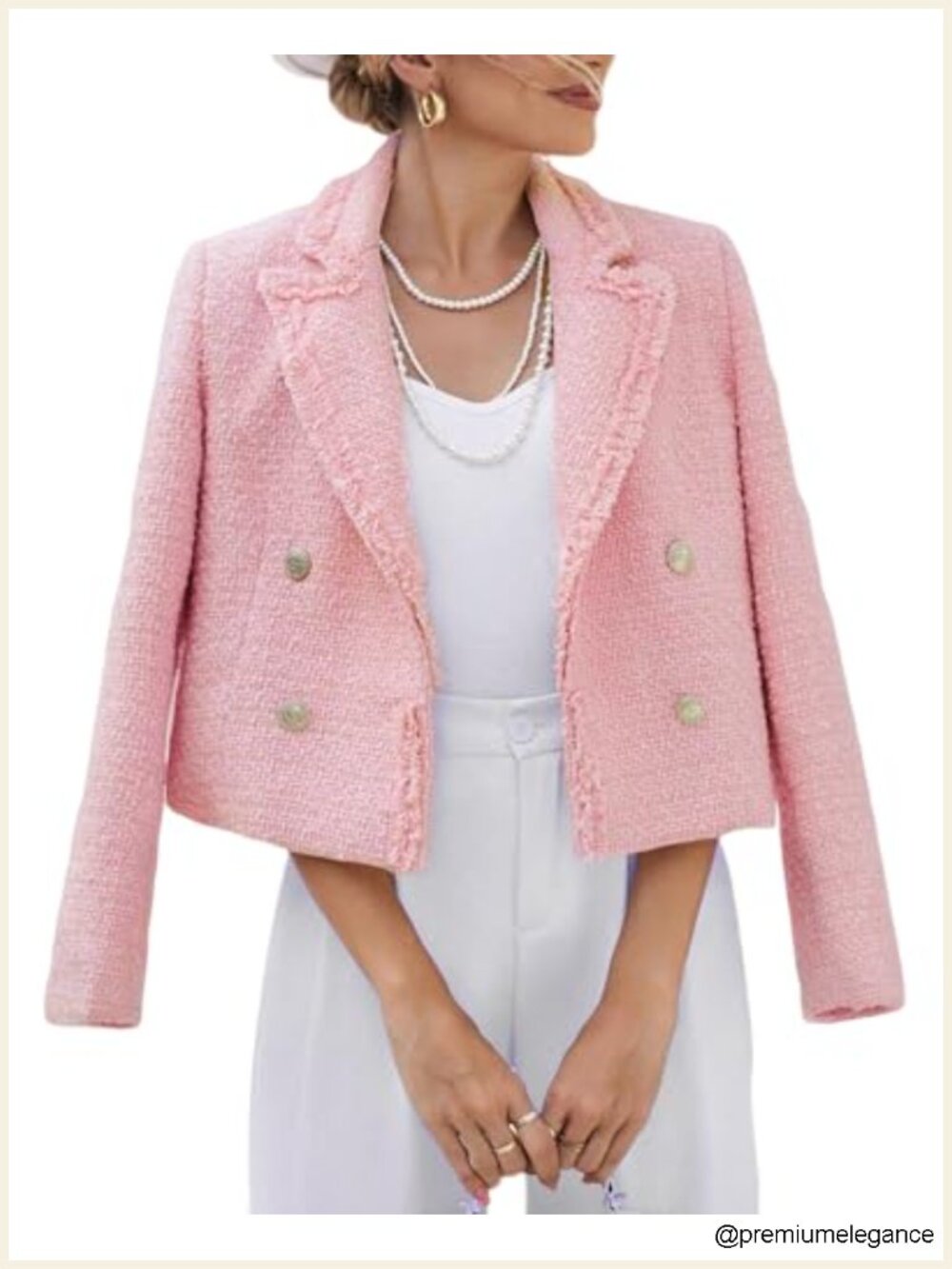 Women's Tweed Blazer Jacket Cropped Fringe Trim Fully Lined Double Breasted